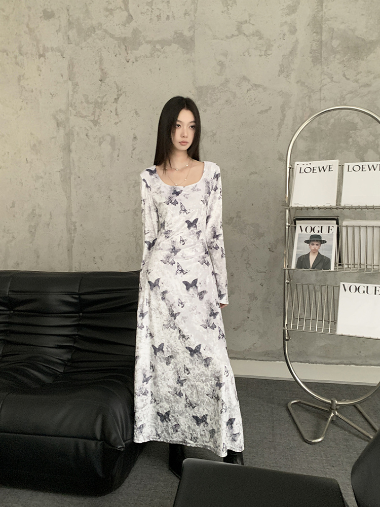 Chinese Style Butterfly Print Long Sleeve Bodycon Dress for Women - Waist-Defining Slim Fit Autumn Fashion Chinese Style Butterfly Print Long Sleeve Bodycon Dress for Women - Waist-Defining Slim Fit Autumn Fashion