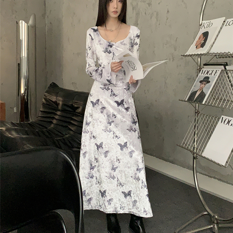 Chinese Style Butterfly Print Long Sleeve Bodycon Dress for Women - Waist-Defining Slim Fit Autumn Fashion