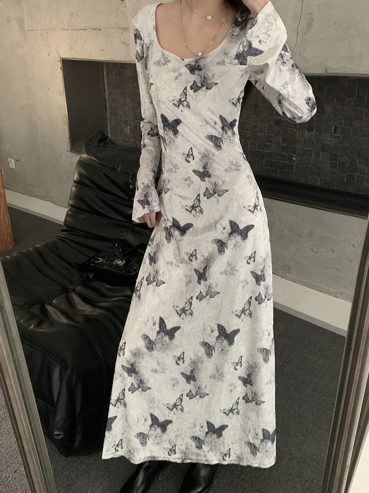 Chinese Style Butterfly Print Long Sleeve Bodycon Dress for Women - Waist-Defining Slim Fit Autumn Fashion Chinese Style Butterfly Print Long Sleeve Bodycon Dress for Women - Waist-Defining Slim Fit Autumn Fashion