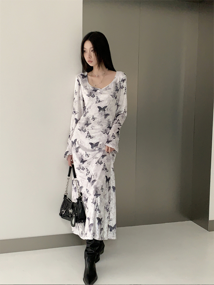 Chinese Style Butterfly Print Long Sleeve Bodycon Dress for Women - Waist-Defining Slim Fit Autumn Fashion Chinese Style Butterfly Print Long Sleeve Bodycon Dress for Women - Waist-Defining Slim Fit Autumn Fashion