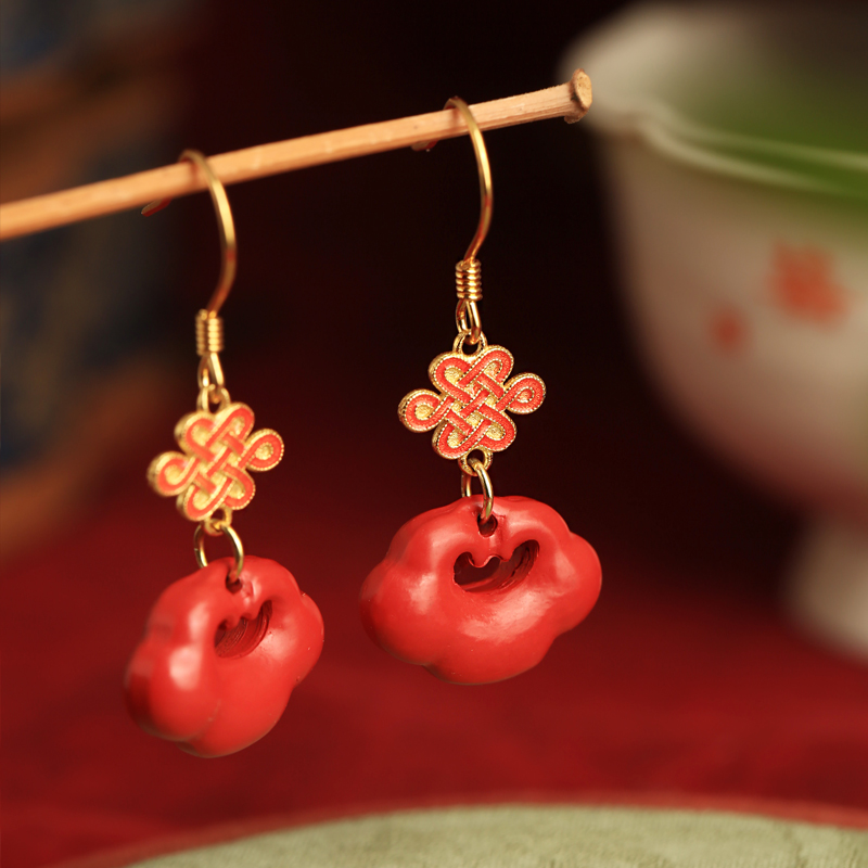 Chinese Style Cinnabar and Silver Drop Earrings for Women - Festive Zodiac Year Design, National Wind Aesthetic