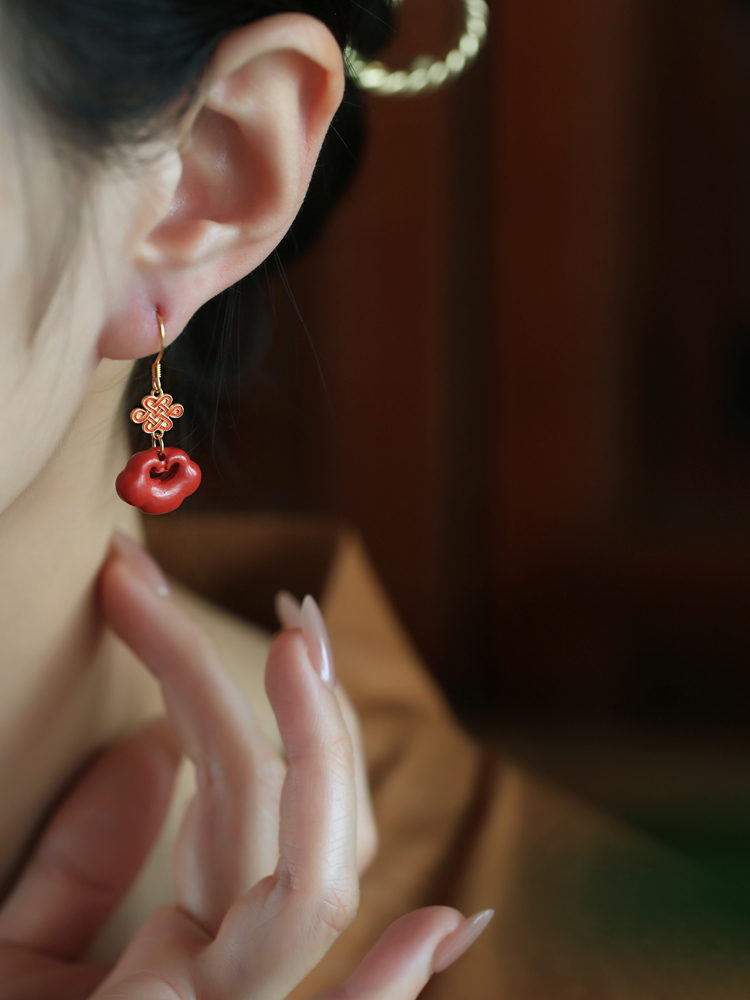 Chinese Style Cinnabar and Silver Drop Earrings for Women - Festive Zodiac Year Design, National Wind Aesthetic Chinese Style Cinnabar and Silver Drop Earrings for Women - Festive Zodiac Year Design, National Wind Aesthetic