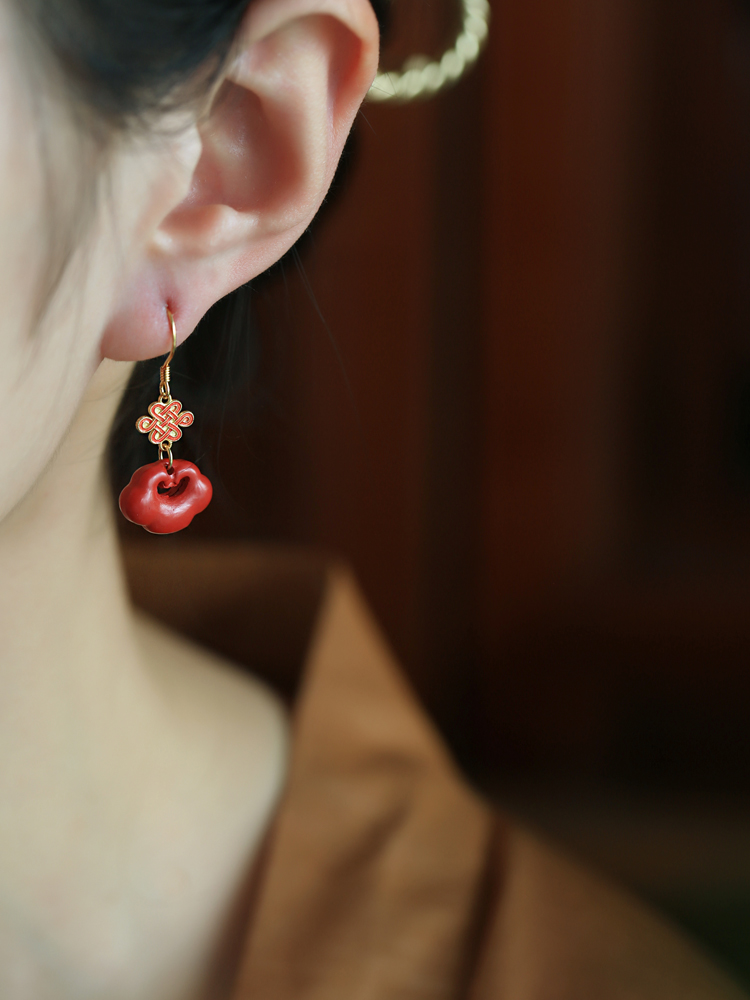Chinese Style Cinnabar and Silver Drop Earrings for Women - Festive Zodiac Year Design, National Wind Aesthetic Chinese Style Cinnabar and Silver Drop Earrings for Women - Festive Zodiac Year Design, National Wind Aesthetic