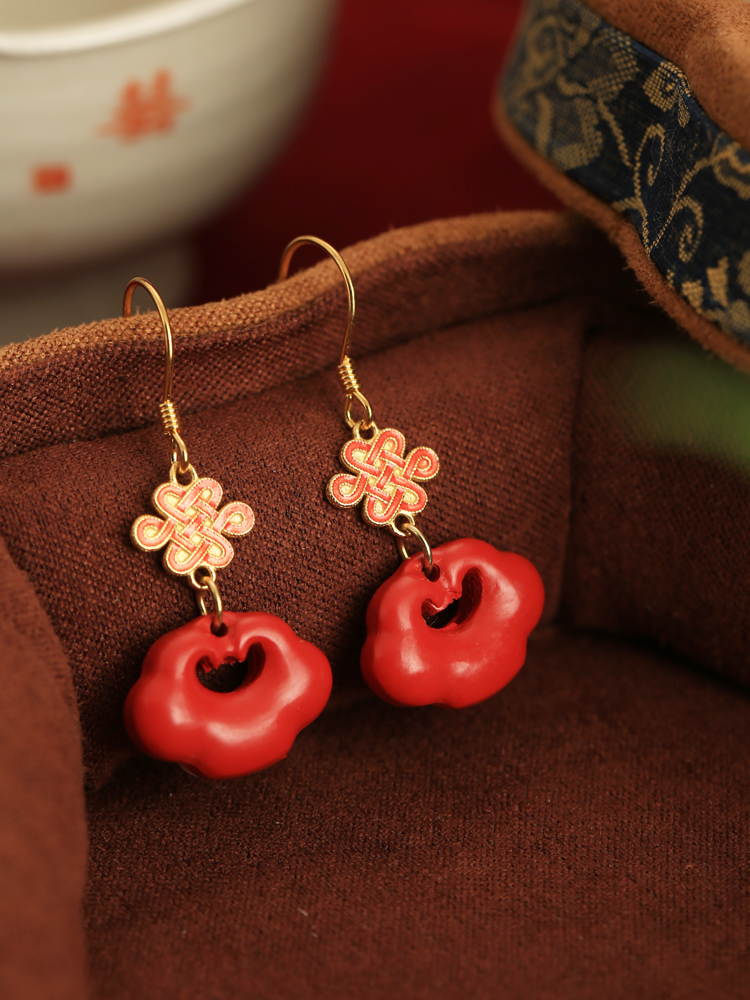 Chinese Style Cinnabar and Silver Drop Earrings for Women - Festive Zodiac Year Design, National Wind Aesthetic Chinese Style Cinnabar and Silver Drop Earrings for Women - Festive Zodiac Year Design, National Wind Aesthetic