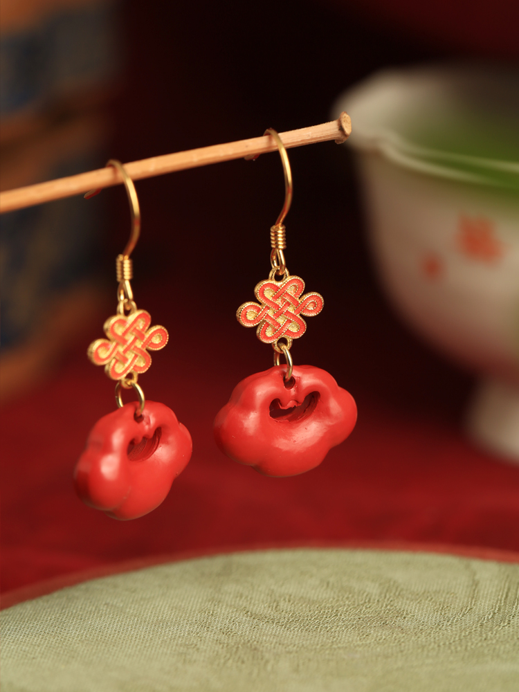 Chinese Style Cinnabar and Silver Drop Earrings for Women - Festive Zodiac Year Design, National Wind Aesthetic Chinese Style Cinnabar and Silver Drop Earrings for Women - Festive Zodiac Year Design, National Wind Aesthetic