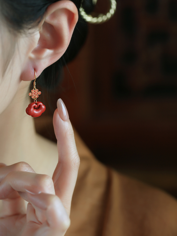 Chinese Style Cinnabar and Silver Drop Earrings for Women - Festive Zodiac Year Design, National Wind Aesthetic Chinese Style Cinnabar and Silver Drop Earrings for Women - Festive Zodiac Year Design, National Wind Aesthetic