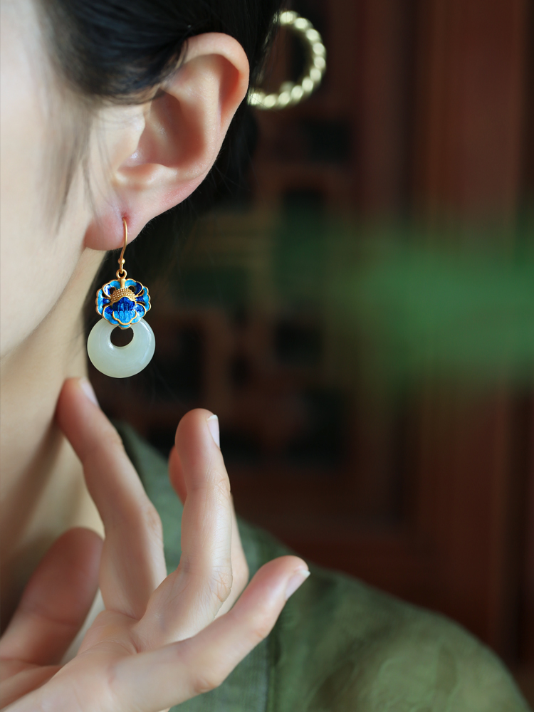 Chinese Style Cloisonné Blue Peony Earrings for Women - Hetian Jade & Pure Silver Enamel Peace Buckle Design Chinese Style Cloisonné Blue Peony Earrings for Women - Hetian Jade & Pure Silver Enamel Peace Buckle Design