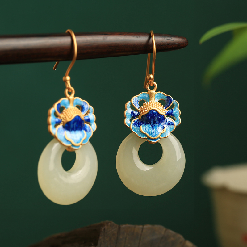 Chinese Style CloisonnÃ© Blue Peony Earrings for Women - Hetian Jade & Pure Silver Enamel Peace Buckle Design