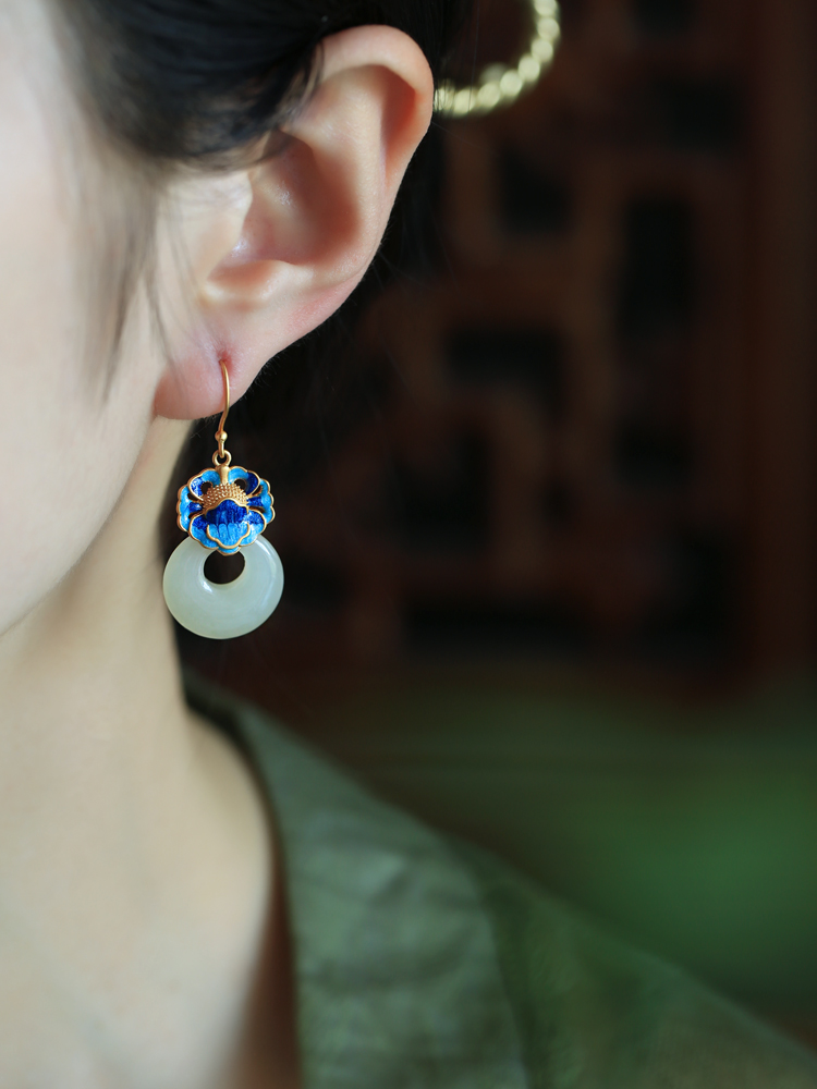 Chinese Style Cloisonné Blue Peony Earrings for Women - Hetian Jade & Pure Silver Enamel Peace Buckle Design Chinese Style Cloisonné Blue Peony Earrings for Women - Hetian Jade & Pure Silver Enamel Peace Buckle Design