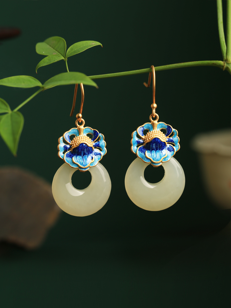 Chinese Style Cloisonné Blue Peony Earrings for Women - Hetian Jade & Pure Silver Enamel Peace Buckle Design Chinese Style Cloisonné Blue Peony Earrings for Women - Hetian Jade & Pure Silver Enamel Peace Buckle Design