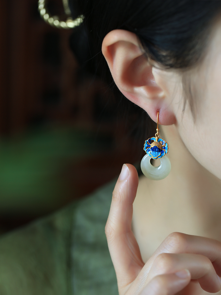 Chinese Style Cloisonné Blue Peony Earrings for Women - Hetian Jade & Pure Silver Enamel Peace Buckle Design Chinese Style Cloisonné Blue Peony Earrings for Women - Hetian Jade & Pure Silver Enamel Peace Buckle Design