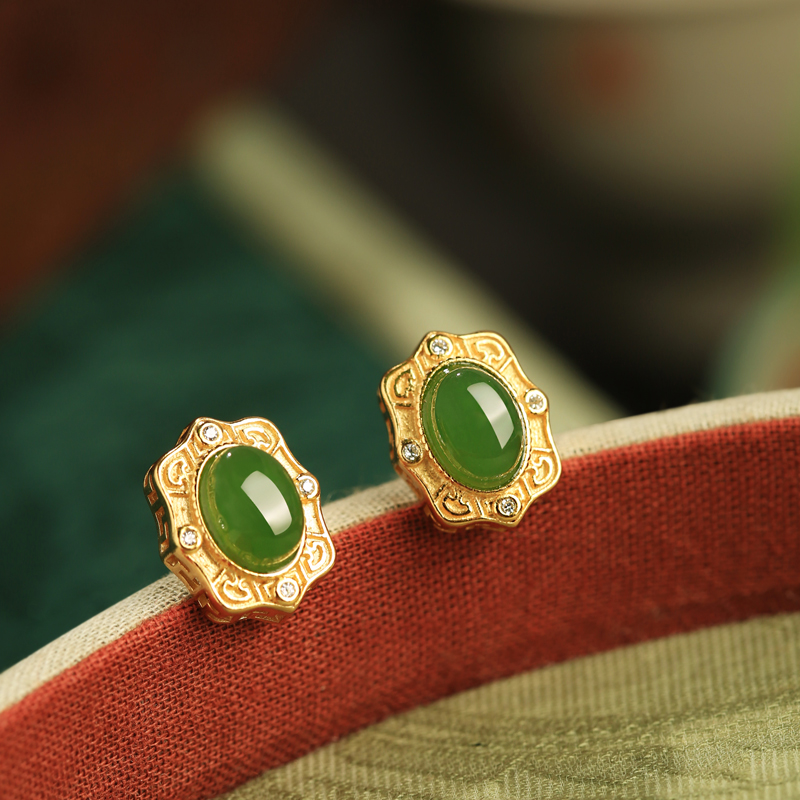 Chinese Style Egg-Shaped Stud Earrings for Women - Natural Jade & Hetian Jade with Gold Inlay - Elegant Green Silver Jewelry