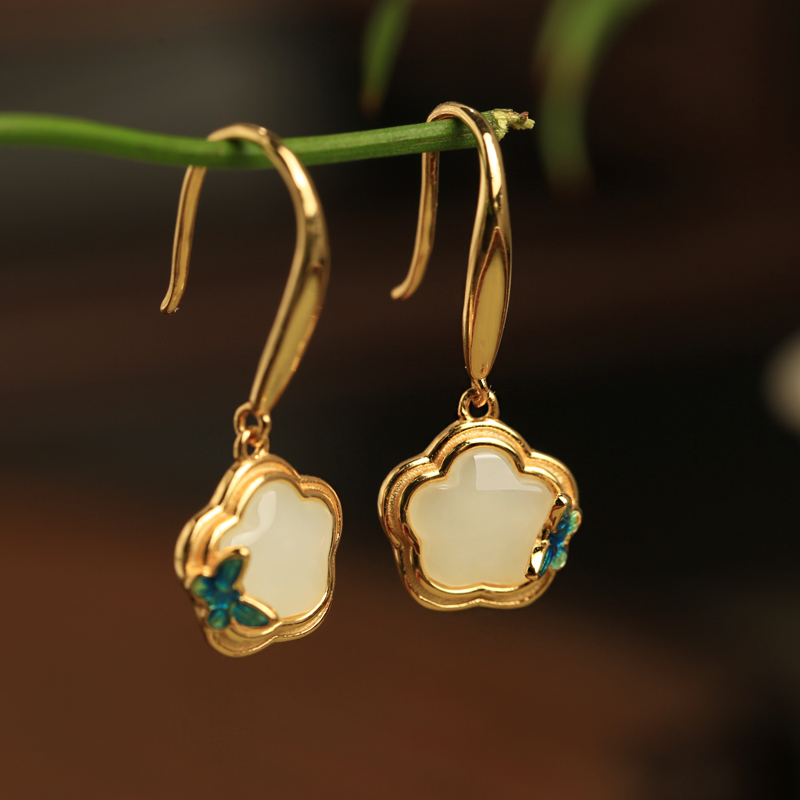 Chinese Style Enamel Butterfly Plum Blossom Earrings in Pure Silver with Hetian Jade - Light Luxury Crystal Ear Accessories for Women