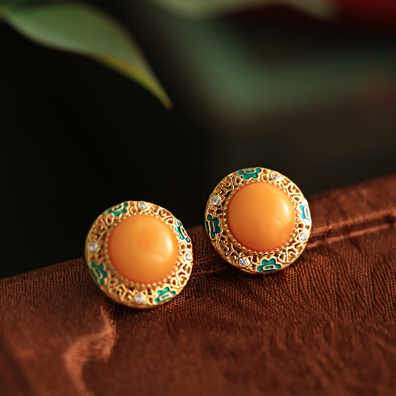 Chinese Style Enamel Earrings with Gold-Inlaid Jade & Colorful Design - Natural Beeswax & Pure Silver Safety Buckle for Women