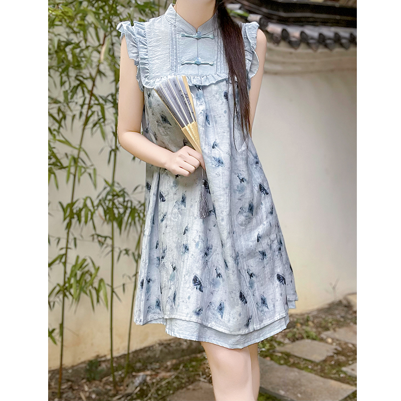 Chinese Style Floral Print Dress for Women - Summer Pudding Bear Design, Petite Size, Trendy 90s Inspired Look