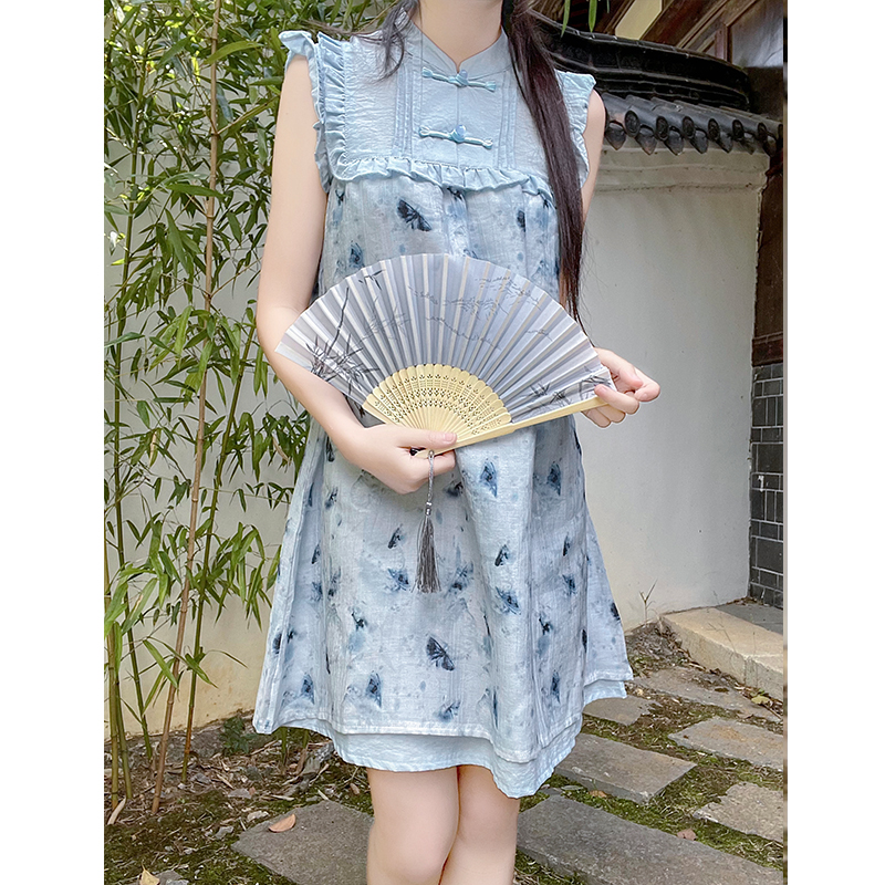 Chinese Style Floral Print Dress for Women - Summer Pudding Bear Design, Petite Size, Trendy 90s Inspired Look