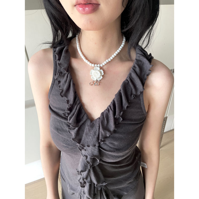 Chinese-Style Floral Shell Textured Natural Stone Necklace, Versatile Beaded Clavicle Chain for Elegant High-End Style
