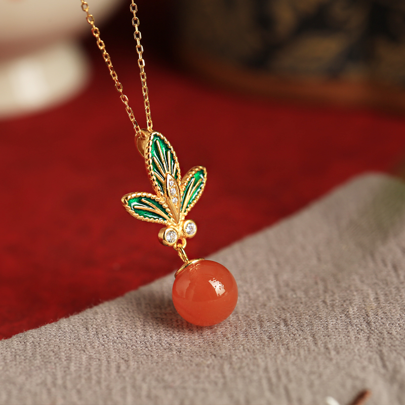 Chinese Style Flower Branch Red Agate Necklace with Silver Pendant and Fortune Bead - Natural Ice Zhongnan Design for Women