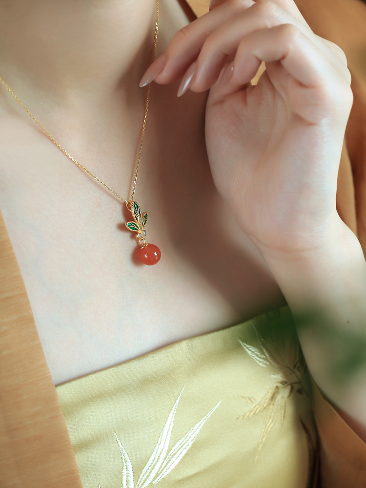 Chinese Style Flower Branch Red Agate Necklace with Silver Pendant and Fortune Bead - Natural Ice Zhongnan Design for Women Chinese Style Flower Branch Red Agate Necklace with Silver Pendant and Fortune Bead - Natural Ice Zhongnan Design for Women