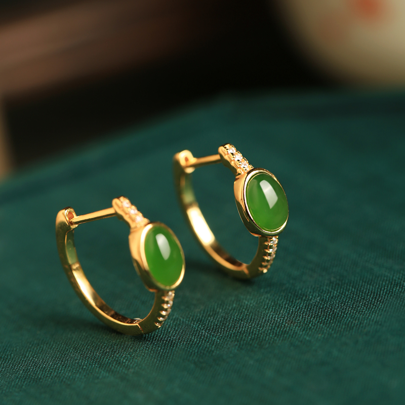 Chinese Style Green Jade Ear Clips for Women, Light Luxury Gold-Inlaid Jade Earrings, National Wind Ear Accessories