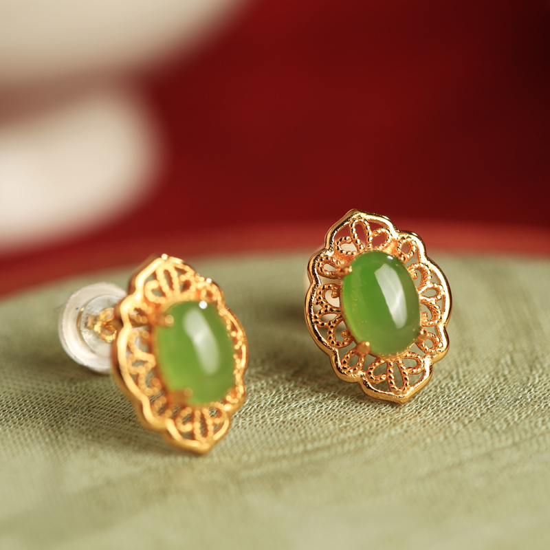 Chinese Style Hetian Jade and Silver Ruyi Earrings for Women - High-End Light Luxury Jade Stone Jewelry