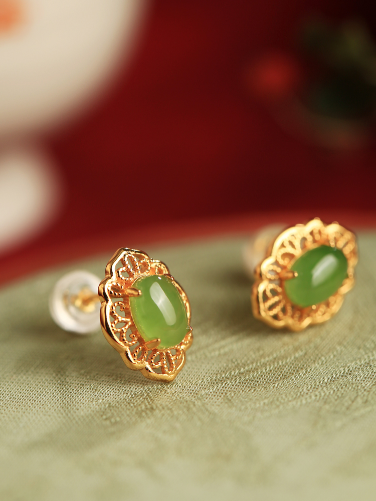 Chinese Style Hetian Jade and Silver Ruyi Earrings for Women - High-End Light Luxury Jade Stone Jewelry