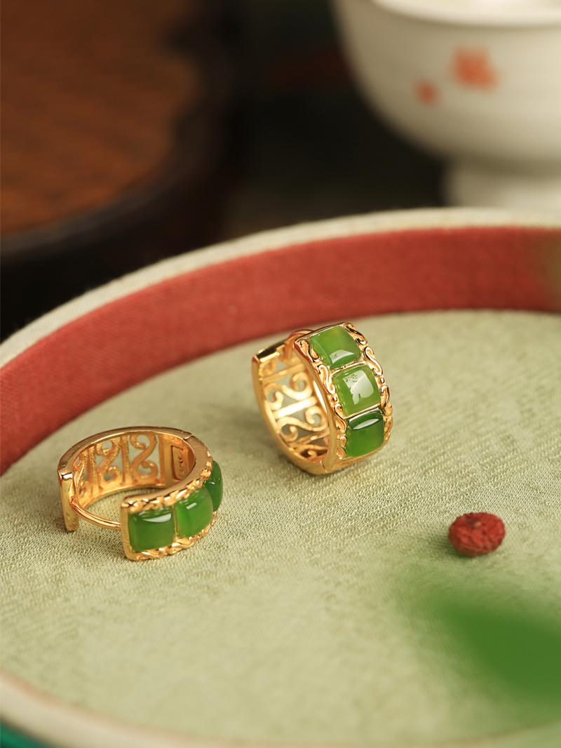 Chinese Style Hetian Jade Green Ear Clips - Women's Pure Silver Gemstone Earrings with Gold Inlay - National Wind Jewelry Chinese Style Hetian Jade Green Ear Clips - Women's Pure Silver Gemstone Earrings with Gold Inlay - National Wind Jewelry