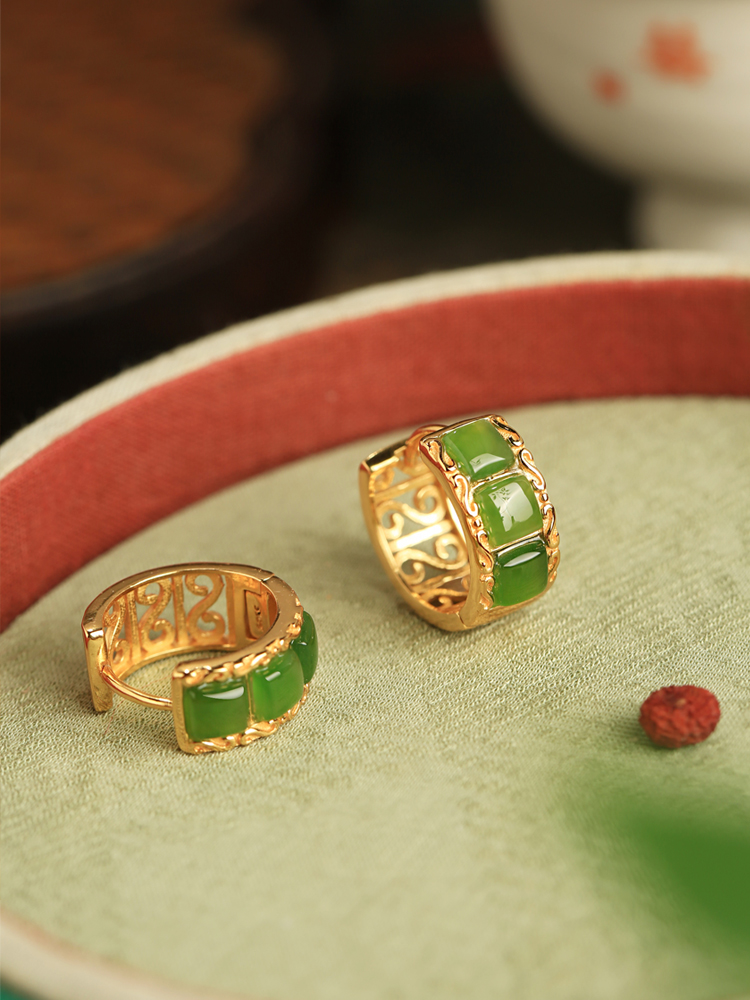Chinese Style Hetian Jade Green Ear Clips - Women's Pure Silver Gemstone Earrings with Gold Inlay - National Wind Jewelry Chinese Style Hetian Jade Green Ear Clips - Women's Pure Silver Gemstone Earrings with Gold Inlay - National Wind Jewelry