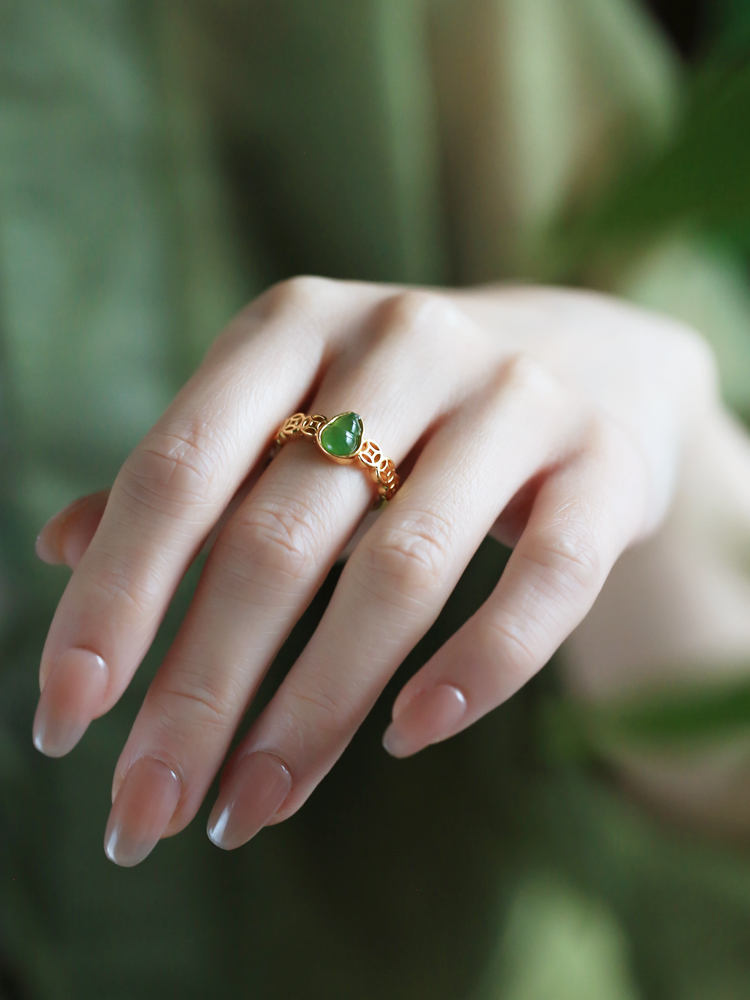 Chinese Style Hetian Jade Green Gourd Ring for Women - Pure Silver & Gold-Plated, National Wind Wealth Gathering Jewelry Chinese Style Hetian Jade Green Gourd Ring for Women - Pure Silver & Gold-Plated, National Wind Wealth Gathering Jewelry