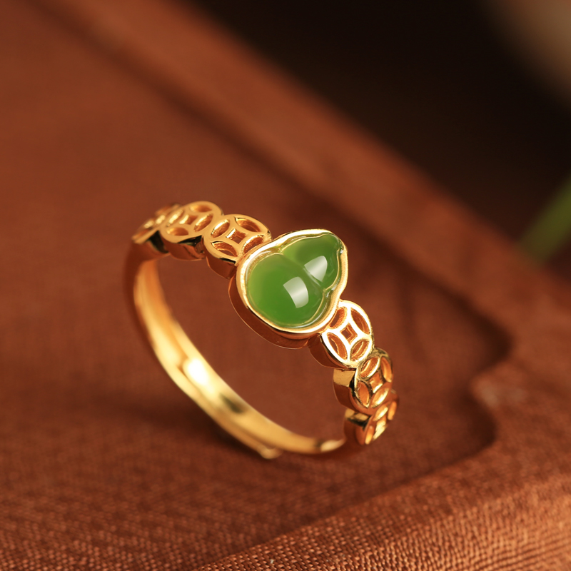 Chinese Style Hetian Jade Green Gourd Ring for Women - Pure Silver & Gold-Plated, National Wind Wealth Gathering Jewelry