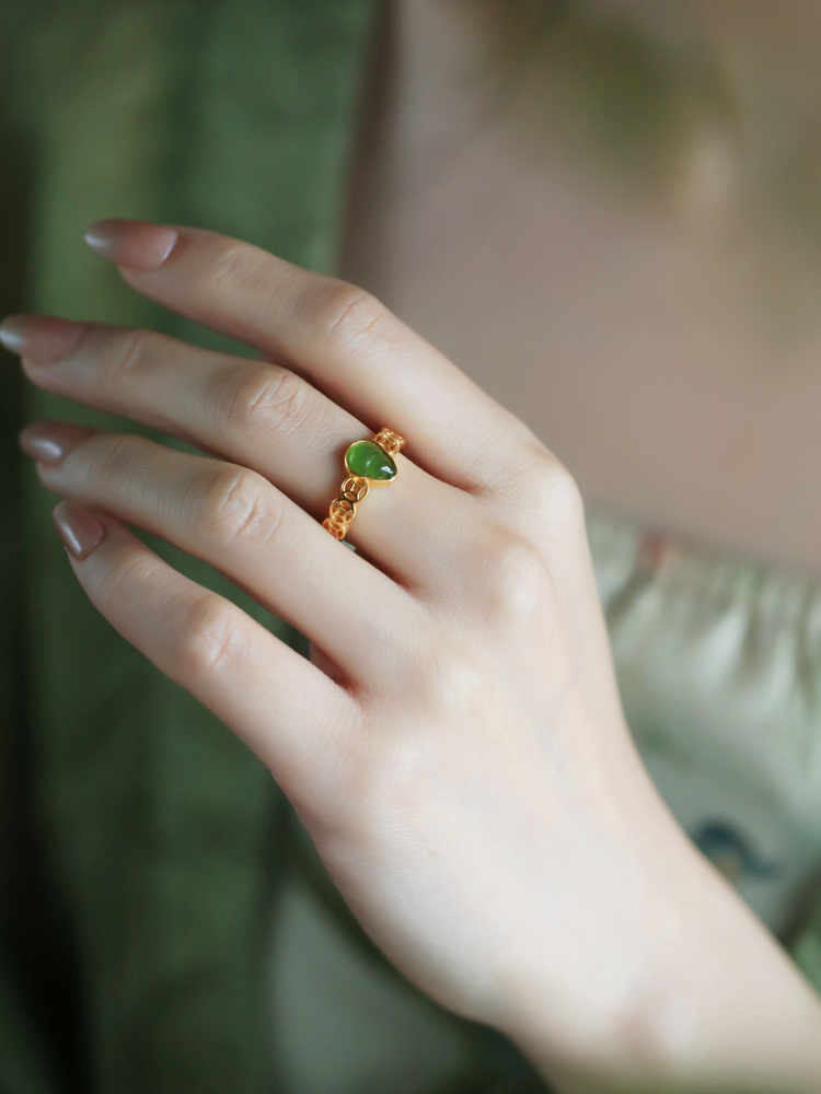 Chinese Style Hetian Jade Green Gourd Ring for Women - Pure Silver & Gold-Plated, National Wind Wealth Gathering Jewelry Chinese Style Hetian Jade Green Gourd Ring for Women - Pure Silver & Gold-Plated, National Wind Wealth Gathering Jewelry