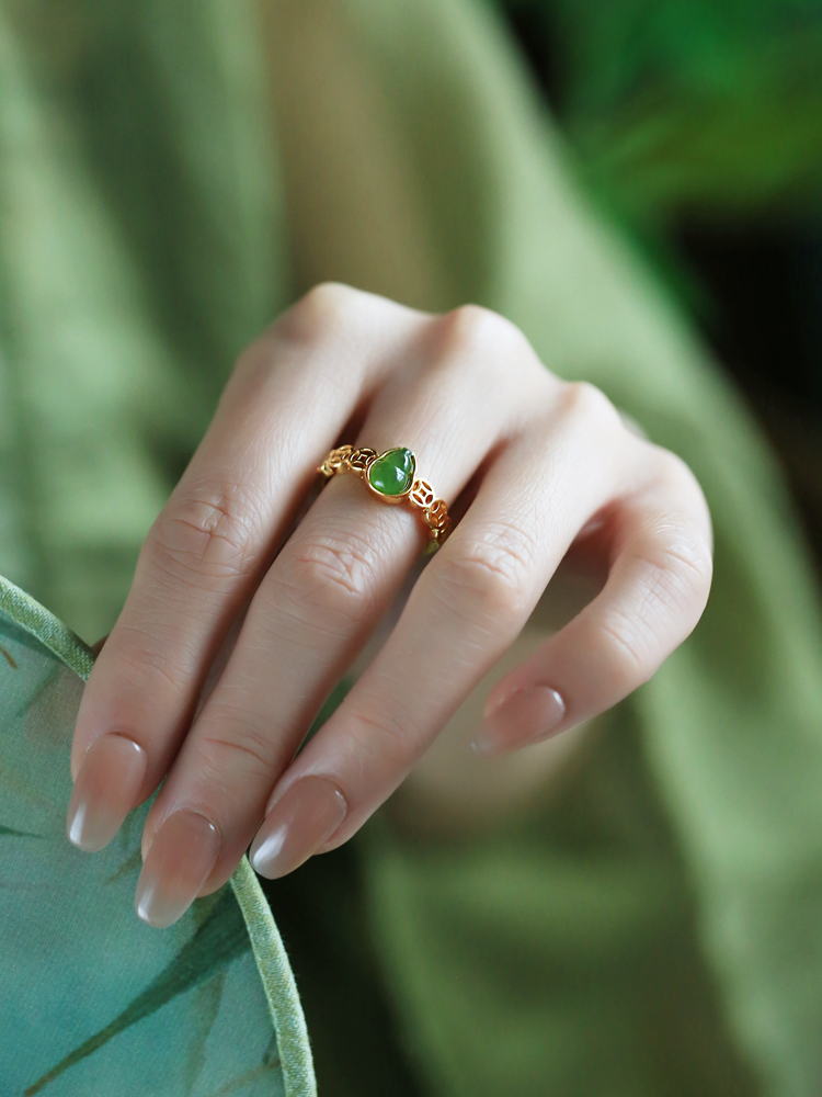 Chinese Style Hetian Jade Green Gourd Ring for Women - Pure Silver & Gold-Plated, National Wind Wealth Gathering Jewelry Chinese Style Hetian Jade Green Gourd Ring for Women - Pure Silver & Gold-Plated, National Wind Wealth Gathering Jewelry