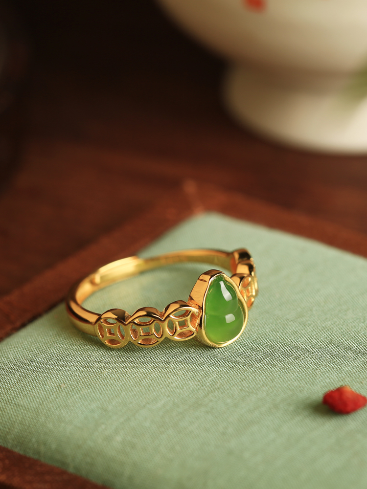 Chinese Style Hetian Jade Green Gourd Ring for Women - Pure Silver & Gold-Plated, National Wind Wealth Gathering Jewelry Chinese Style Hetian Jade Green Gourd Ring for Women - Pure Silver & Gold-Plated, National Wind Wealth Gathering Jewelry