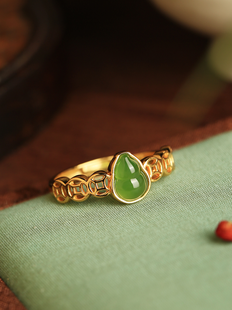 Chinese Style Hetian Jade Green Gourd Ring for Women - Pure Silver & Gold-Plated, National Wind Wealth Gathering Jewelry Chinese Style Hetian Jade Green Gourd Ring for Women - Pure Silver & Gold-Plated, National Wind Wealth Gathering Jewelry