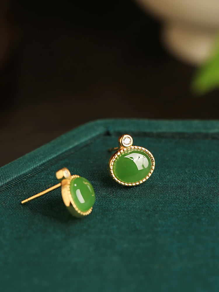 Chinese Style Hetian Jade Green Pure Silver Earrings for Women - Summer National Wind Gold-Inlaid Bright Green Jewelry Chinese Style Hetian Jade Green Pure Silver Earrings for Women - Summer National Wind Gold-Inlaid Bright Green Jewelry