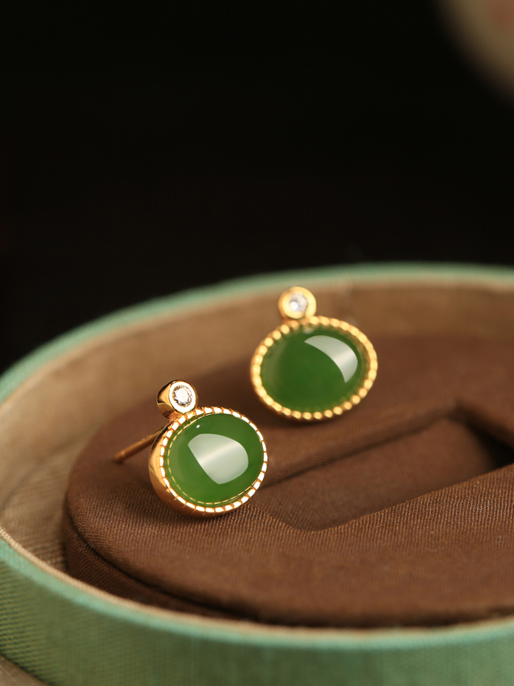 Chinese Style Hetian Jade Green Pure Silver Earrings for Women - Summer National Wind Gold-Inlaid Bright Green Jewelry Chinese Style Hetian Jade Green Pure Silver Earrings for Women - Summer National Wind Gold-Inlaid Bright Green Jewelry