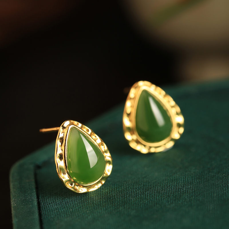 Chinese Style Hetian Jade Green Water Droplet Earrings with Gold-Plated Silver, National Wind Design for Women