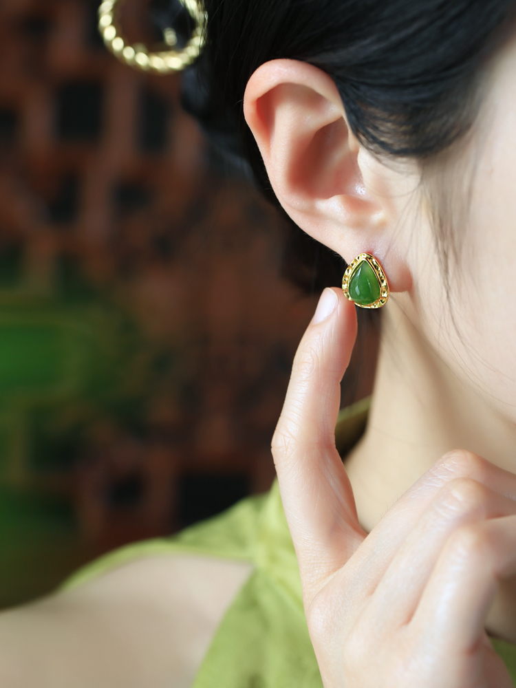 Chinese Style Hetian Jade Green Water Droplet Earrings with Gold-Plated Silver, National Wind Design for Women Chinese Style Hetian Jade Green Water Droplet Earrings with Gold-Plated Silver, National Wind Design for Women