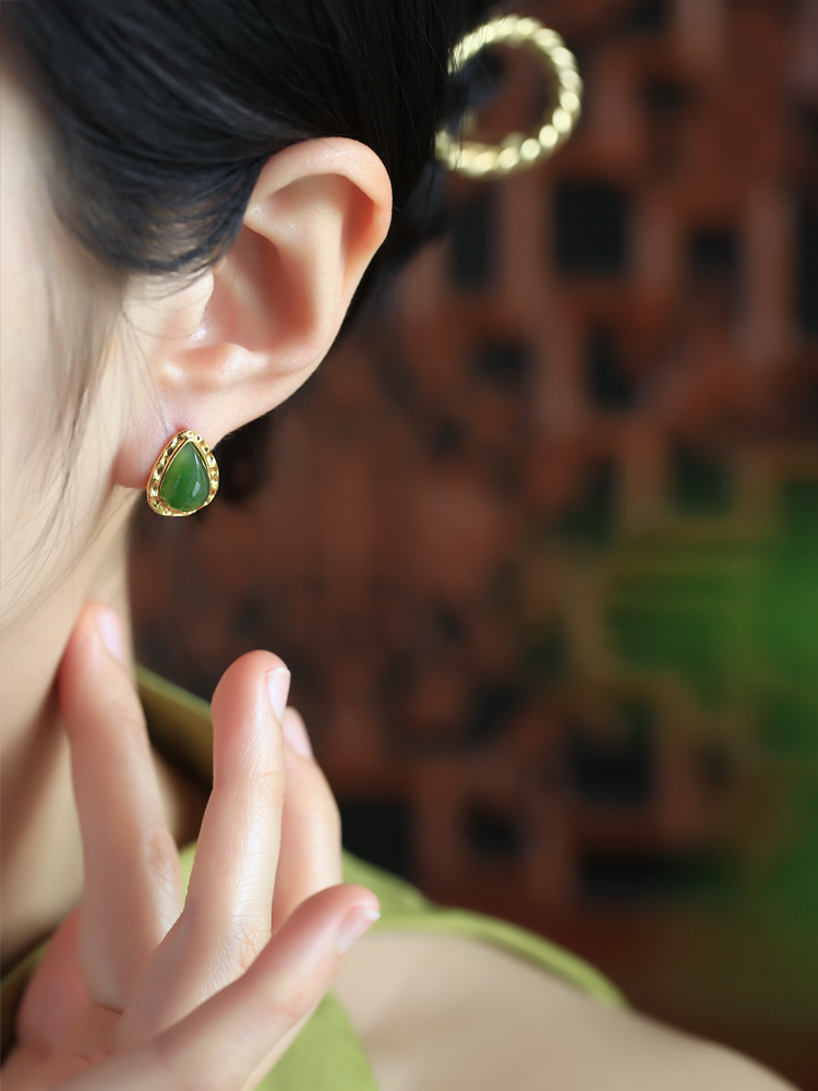 Chinese Style Hetian Jade Green Water Droplet Earrings with Gold-Plated Silver, National Wind Design for Women Chinese Style Hetian Jade Green Water Droplet Earrings with Gold-Plated Silver, National Wind Design for Women