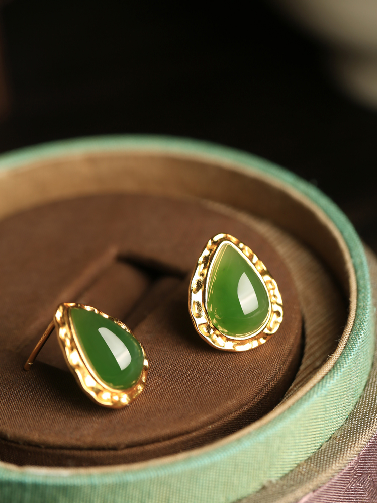 Chinese Style Hetian Jade Green Water Droplet Earrings with Gold-Plated Silver, National Wind Design for Women Chinese Style Hetian Jade Green Water Droplet Earrings with Gold-Plated Silver, National Wind Design for Women