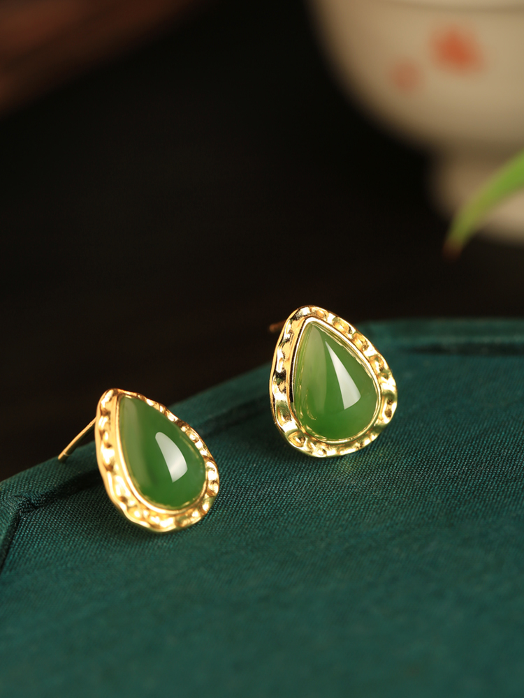 Chinese Style Hetian Jade Green Water Droplet Earrings with Gold-Plated Silver, National Wind Design for Women Chinese Style Hetian Jade Green Water Droplet Earrings with Gold-Plated Silver, National Wind Design for Women