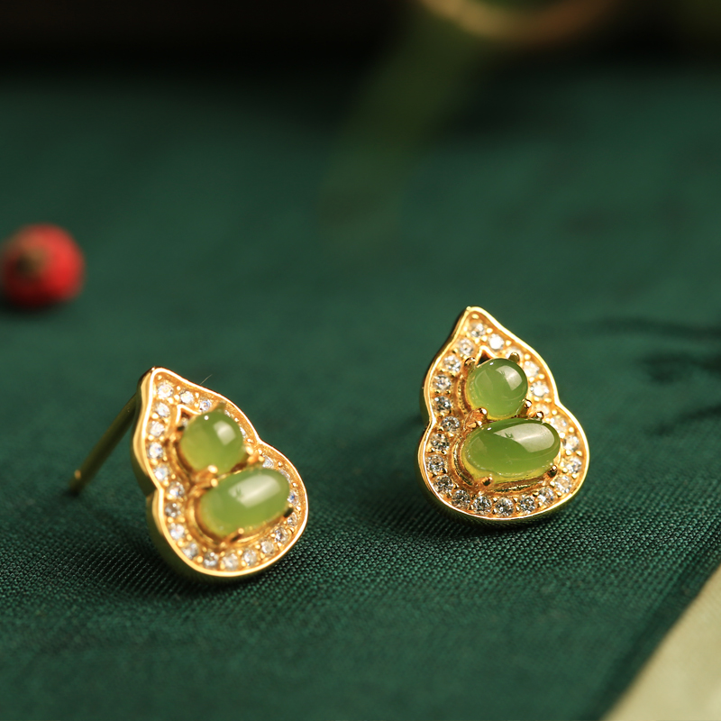 Chinese Style Hetian Jade Pure Silver Gourd Stud Earrings for Women, Elegant Natural Jade Light Luxury Accessories