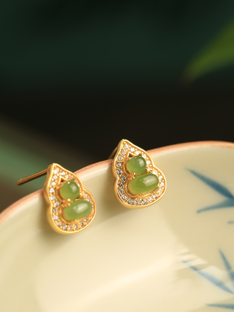 Chinese Style Hetian Jade Pure Silver Gourd Stud Earrings for Women, Elegant Natural Jade Light Luxury Accessories Chinese Style Hetian Jade Pure Silver Gourd Stud Earrings for Women, Elegant Natural Jade Light Luxury Accessories