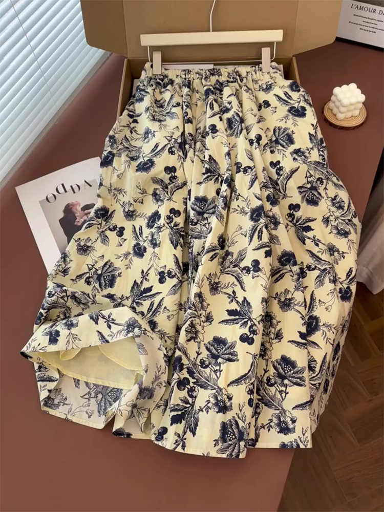 Chinese Style Ink Print A-Line Skirt for Women, Summer Draped Mid-Length Umbrella Skirt, Boho Vintage Fashion