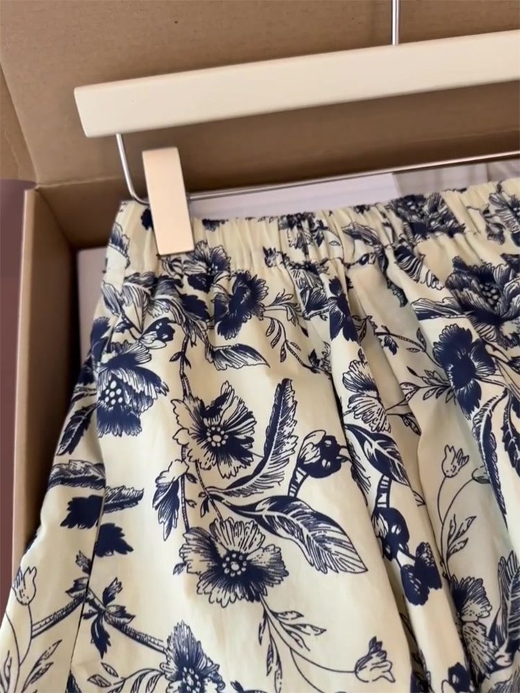 Chinese Style Ink Print A-Line Skirt for Women, Summer Draped Mid-Length Umbrella Skirt, Boho Vintage Fashion