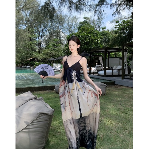Chinese-Style Ink Print Dress, Waist-Cinching, Sexy V-Neck, Spaghetti Strap Long Dress for Summer - Niche Design, Boho Chic