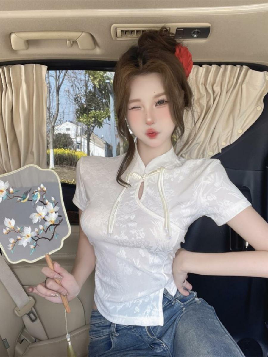 Chinese-Style Jacquard Qipao Short Sleeve T-Shirt for Women, Irregular Summer Top, Unique and Elegant Fashion Chinese-Style Jacquard Qipao Short Sleeve T-Shirt for Women, Irregular Summer Top, Unique and Elegant Fashion