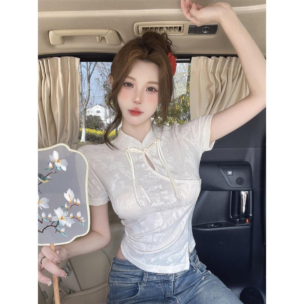Chinese-Style Jacquard Qipao Short Sleeve T-Shirt for Women, Irregular Summer Top, Unique and Elegant Fashion