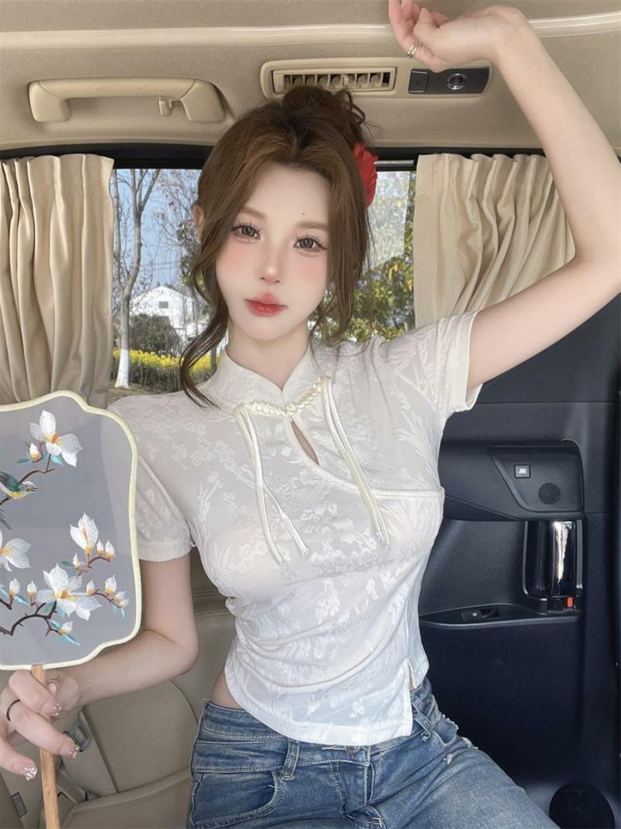 Chinese-Style Jacquard Qipao Short Sleeve T-Shirt for Women, Irregular Summer Top, Unique and Elegant Fashion Chinese-Style Jacquard Qipao Short Sleeve T-Shirt for Women, Irregular Summer Top, Unique and Elegant Fashion