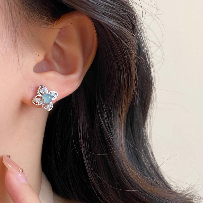 Chinese-Style Jade Earrings in Blue-Green with Sparkling Diamonds and Zirconia, Women's Versatile 2025 Fashion Jewelry Chinese-Style Jade Earrings in Blue-Green with Sparkling Diamonds and Zirconia, Women's Versatile 2025 Fashion Jewelry